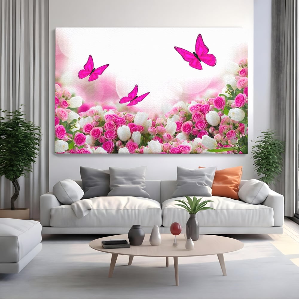 Tablou canvas cu tablou canvas cu trandafiri roz si fluturi, fara rama, pe sasiu de lemn, pe perete intr-un living